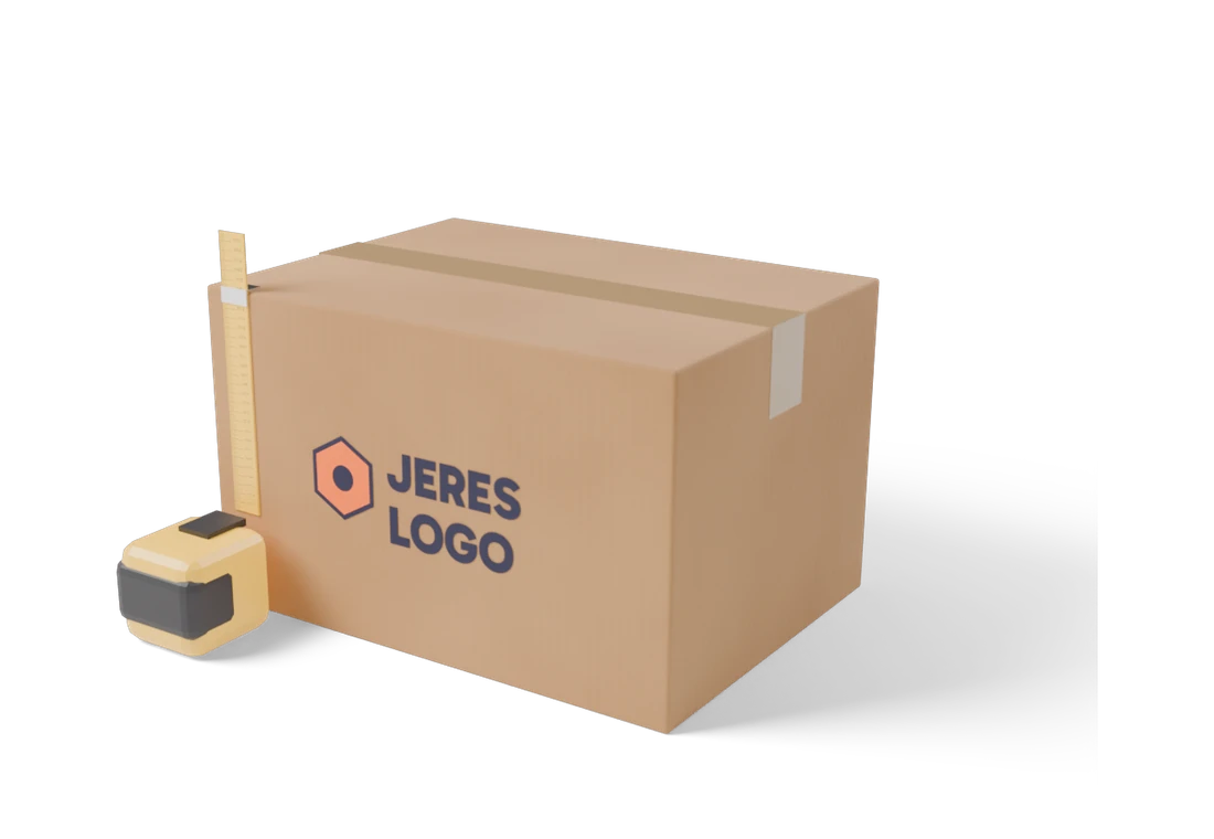 Brun papkasse med påtrykt logo og et målebånd langs kanten